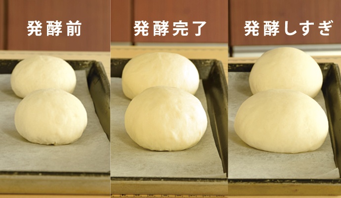 パン生地の発酵前・発酵完了・発酵しすぎの比較